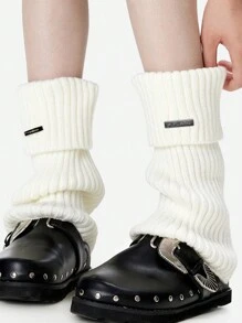 1pair White Girls' Versatile Pile Leg Warmers With Metal Logo, Warm Knitted Loose Leg Warmer For Autumn And Winter - White - View 1