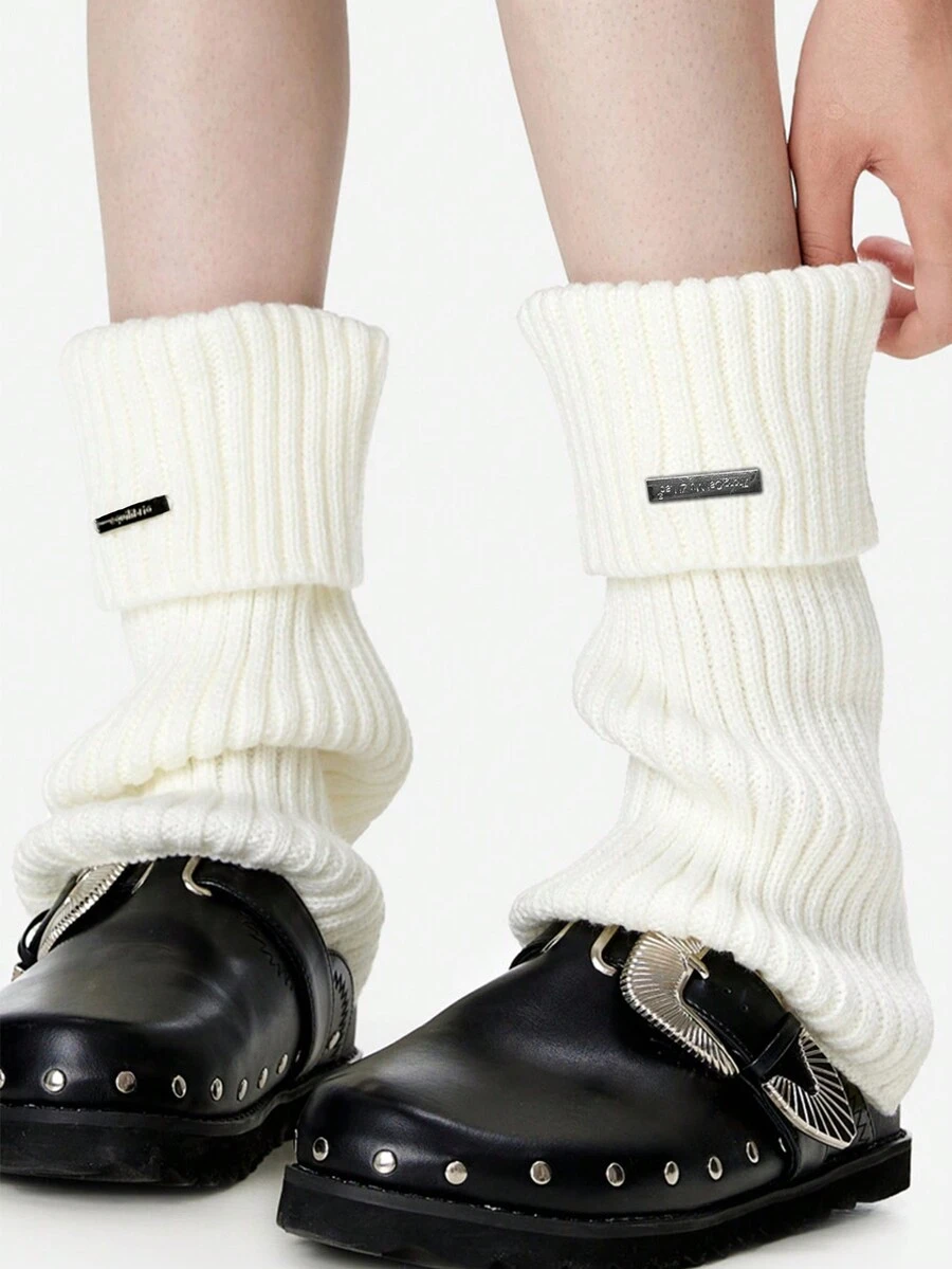 1pair White Girls' Versatile Pile Leg Warmers With Metal Logo, Warm Knitted Loose Leg Warmer For Autumn And Winter - White - View 1