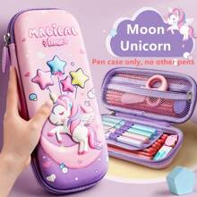 Un étui à crayons rose en EVA avec un motif de licorne en 3D stéréodimensionnel mignon, fournitures scolaires de dessin animé pour étudiant, boîte de rangement avec insert de stylo et sac en filet, grande capacité pour filles