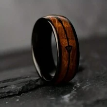Fashionable And Luxurious Men's 8mm Stainless Steel Wedding Engagement Ring, Set With Faux Wood Grain Pattern And Fishbone Arrow Ring, Give It To Your Favorite And Best Holiday Gift