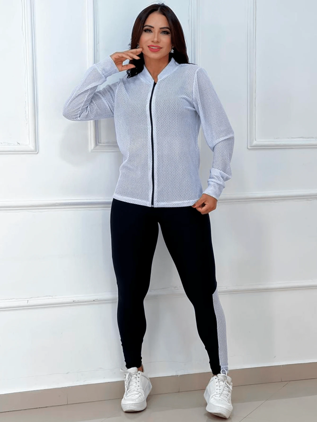 3 Piece Set Fitness Kit Bomber Jacket + Top + Pants - White - View 1