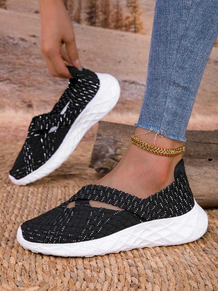 Women's Black Knitted Sporty Sandals, Open Toe Anti-Slip Outdoor Fashionable Beach Shoes, Ladies Casual Athletic Sandals For Summer