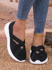 Women's Black Knitted Sporty Sandals, Open Toe Anti-Slip Outdoor Fashionable Beach Shoes, Ladies Casual Athletic Sandals For Summer