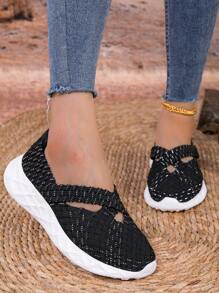 Women's Black Knitted Sporty Sandals, Open Toe Anti-Slip Outdoor Fashionable Beach Shoes, Ladies Casual Athletic Sandals For Summer