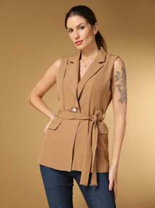 Steve Store Women's Fashion Vest Blazer Long Tailored Tailoring With Dress Belt - Màu Khaki - Xem 1