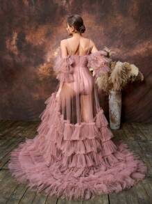 Elegante vestido de maternidad con hombros descubiertos y falda de tul con volantes para baby showers y ocasiones formales | Vestidos de invitada de boda, atuendo de gala, conjunto para almuerzo nupcial, vestido de ceremonia de noche, vestido para evento de té, vestido para sesión de fotos de maternidad