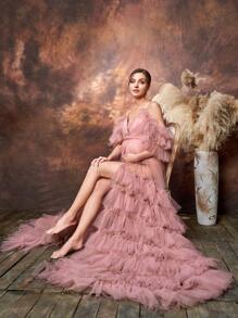Elegante vestido de maternidad con hombros descubiertos y falda de tul con volantes para baby showers y ocasiones formales | Vestidos de invitada de boda, atuendo de gala, conjunto para almuerzo nupcial, vestido de ceremonia de noche, vestido para evento de té, vestido para sesión de fotos de maternidad