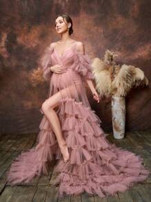 Elegante vestido de maternidad con hombros descubiertos y falda de tul con volantes para baby showers y ocasiones formales | Vestidos de invitada de boda, atuendo de gala, conjunto para almuerzo nupcial, vestido de ceremonia de noche, vestido para evento de té, vestido para sesión de fotos de maternidad