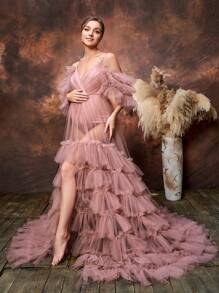 Elegante vestido de maternidad con hombros descubiertos y falda de tul con volantes para baby showers y ocasiones formales | Vestidos de invitada de boda, atuendo de gala, conjunto para almuerzo nupcial, vestido de ceremonia de noche, vestido para evento de té, vestido para sesión de fotos de maternidad