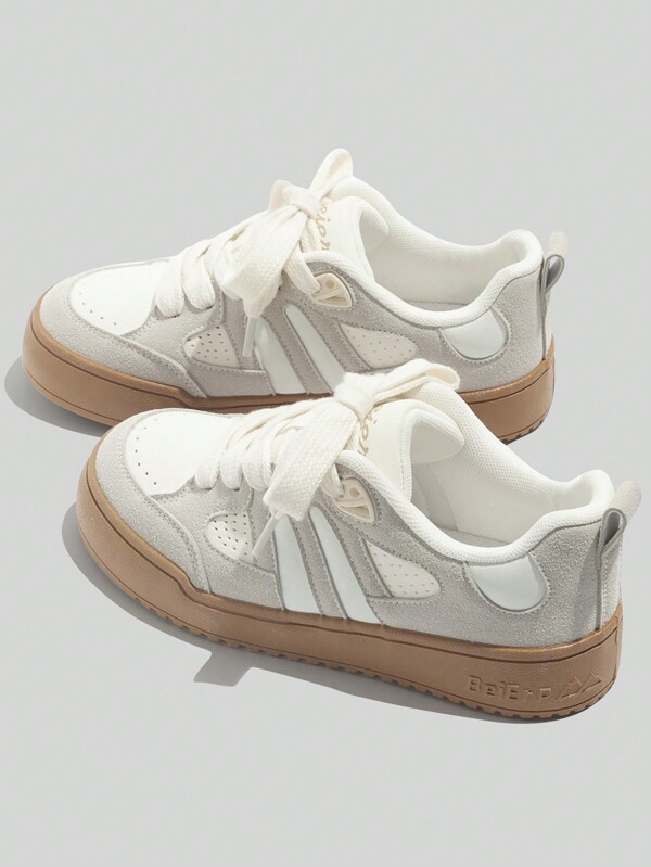BEIER BEIER Women's Spliced Leather Casual Shoes With Rubber Sole, New Spring And Autumn White Shoes For Daily Wear