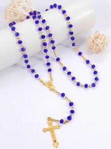 1pc Elegant Crystal & Faux Pearl Bead Necklace With Maria, Jesus Cross, And Alloy Pendant, Personalized Necklace For Religious Christians - Crystal Imitation Pearl Beaded Necklace - View 8