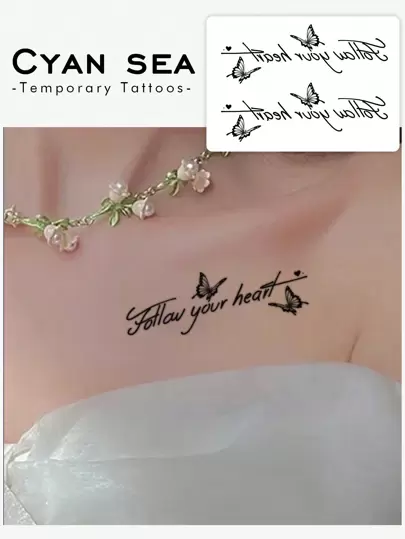 1-2 张防水、防汗、可水洗的临时纹身贴纸，带有蝴蝶声音、Ins 风格生活语录，适合粘贴在锁骨和手臂上