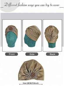 Gorra africana Zahra para mujer, estilo de lujo, tela elástica con brillo, decoración artesanal de mariposa con cuentas, elegante pañuelo para ocasiones especiales - Dorado - Ver 2