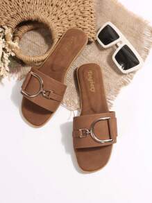 女式流行扁沙漠鞋，時尚扣環，休閒夏季鞋履 - 鏽棕色 - 查看 2