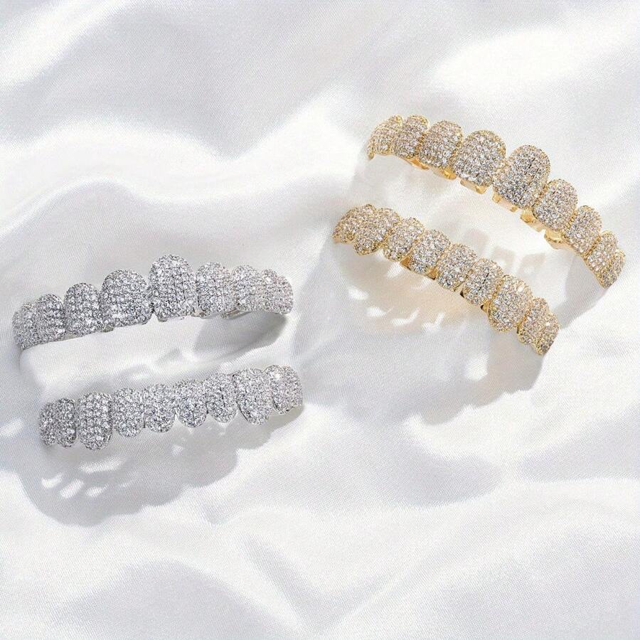 1 PC Hip Hop Cubic Zirconia Teeth Grills 10 Teeth Top Bottom Grills Dental Mouth Punk Tooth Caps Cosplay Rapper Jewelry - Multicolor - View 1