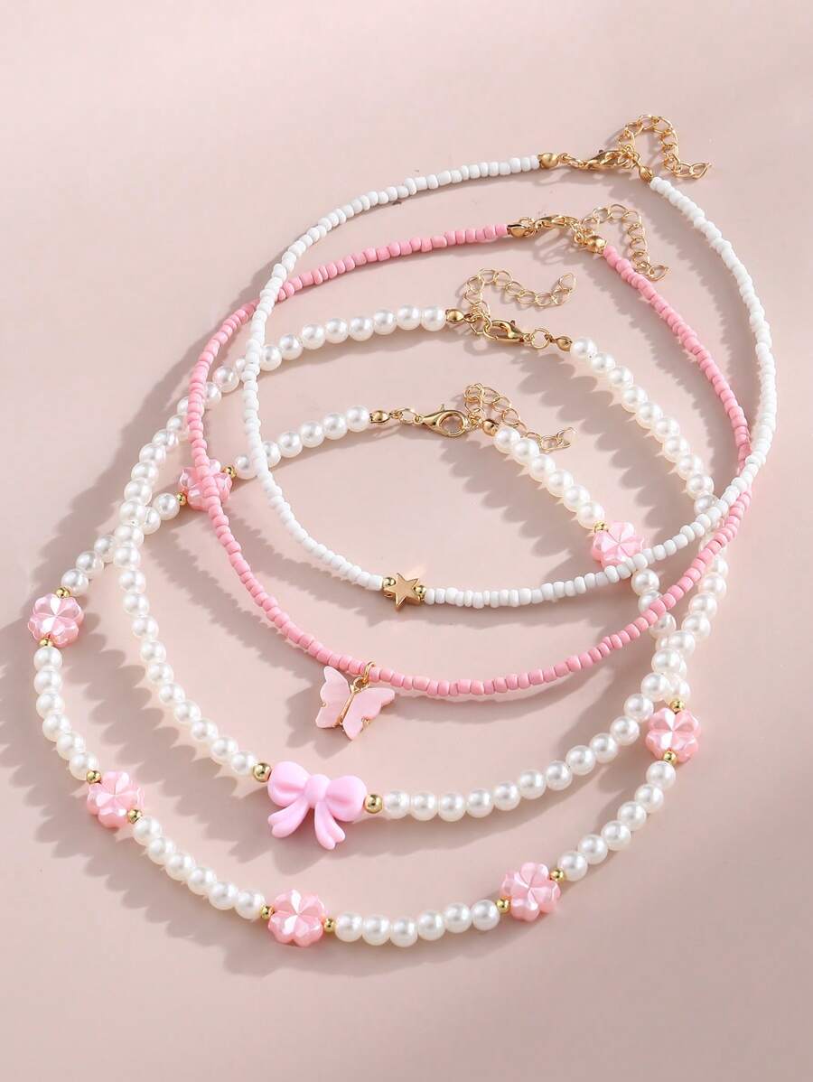 Juego de 4 piezas/Set de collares para niñas con perlas y flores rosas, collar gargantilla delgado con lazo dulce y corazón, cadena versátil para decoración diaria - Multicolor - Ver 1