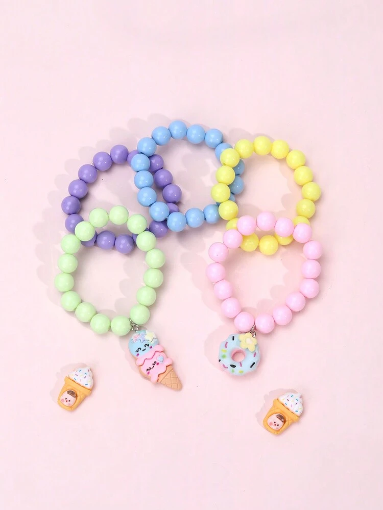 5 piezas/paquete Set de pulseras de cuentas de acrílico, decoradas con helado y donas para pulseras de niños, adecuadas para uso diario - Multicolor - Añade 3