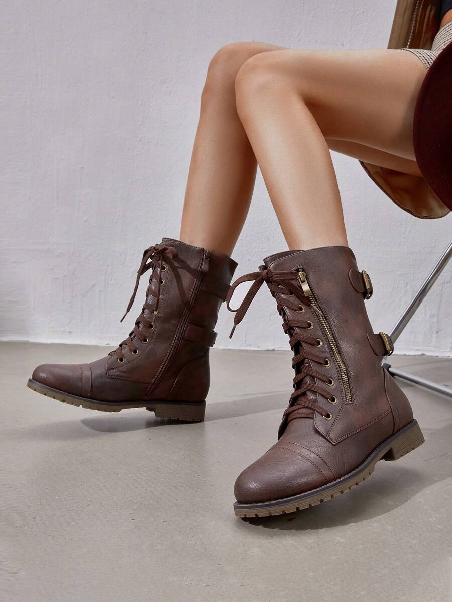 Women'S Combat Boots Lace Up Mid Calf Built-In Wallet Pocket Double Buckle Strap Decoration Comfortable Outdoor Motorcycle Christmas Winter Black Boots - 鐵鏽紅 - 查看 1