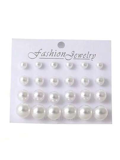 Value 12 Pairs Classic And Stylish Pearl Stud Earrings For Cross-Border E-Commerce, Daily Wear, Easy-Match, Packaged In Card, Combination Of Small And Large Pearls, Western Style.