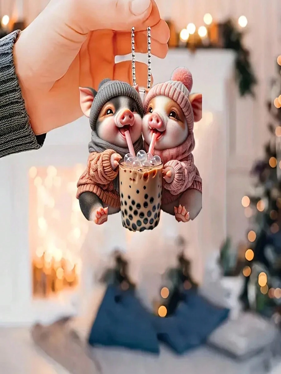 1 件可爱 2D 亚克力珍珠奶茶饮猪汽车挂饰、后视镜挂饰、汽车配件、礼物、家居装饰 - 彩色 - 查看 1