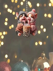 1 件可爱 2D 亚克力珍珠奶茶饮猪汽车挂饰、后视镜挂饰、汽车配件、礼物、家居装饰 - 彩色 - 查看 6