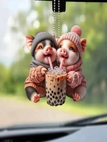 1 件可爱 2D 亚克力珍珠奶茶饮猪汽车挂饰、后视镜挂饰、汽车配件、礼物、家居装饰 - 彩色 - 查看 2
