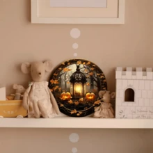 1个8x8英寸金属牌，秋季灯笼和南瓜花环设计，金属花环牌，圆形花环牌，门饰，孔位随机 - 多色2 - 查看 4