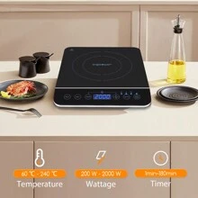 Placa de Inducción Portátil, 10 Niveles de Potencia, 2000 W, Control Táctil, Temporizador, Pantalla Digital LED, Para Recipientes Entre 13 y 24 cm Diámetro, Patas Antideslizantes - Enchufe EU Tipo E(220-240V) - Ver 6