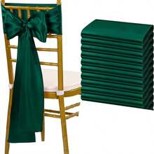 10pcs Dark Green Satin Chair Sashes With Bow For Chair Back Wedding Banquet Party Home Kitchen Decoration, Thanksgiving/Christmas - Dark Green 01 - View 2