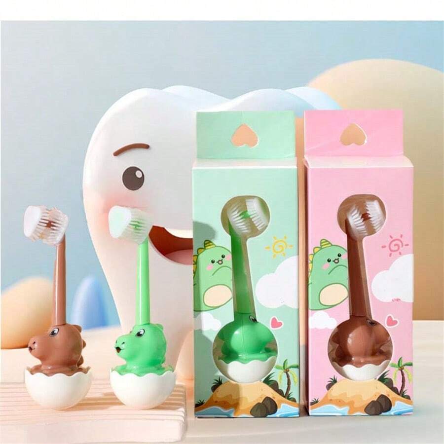 1 Caja de vaso cepillo de dientes tridimensional infantil con diseño de dinosaurio, cepillo de dientes para niños de 2 a 12 años de edad para dientes de leche, anti-caries y anti-cavidades