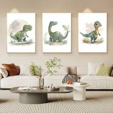 1 pièce Peinture sur canevas de décoration de maison en combinaison, affiche de peinture minimaliste nordique à l'aquarelle d'animal dinosaure de bande dessinée pour la décoration de chambre d'enfant, décoration murale d'art mignon sans cadre pour salon, chambre, bureau, cadeau d'enfant