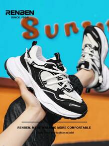 RENBEN 1 双男士休闲网眼透气厚底运动鞋，银色组合，时尚潮流，厚底设计，减震回弹，适合休闲、运动、工作、上学和旅行