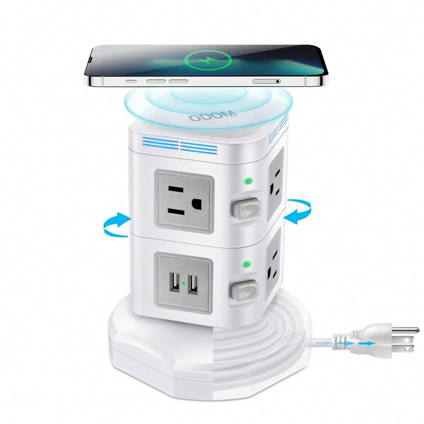 Power Strips Surge Protector With Retractable Cable, Power Strip Tower Built-In 15W Wireless Charger, 4 USB Ports + 6 AC Outlets + 6 Ft Extension Cord,Plug Outlet Charging Tower For Home Office Dorm