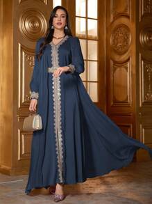 女士优雅丝带拼布灯笼袖连衣裙，春夏季朴素长袖卡夫坦阿拉伯连衣裙 - 藍色 - 查看 1