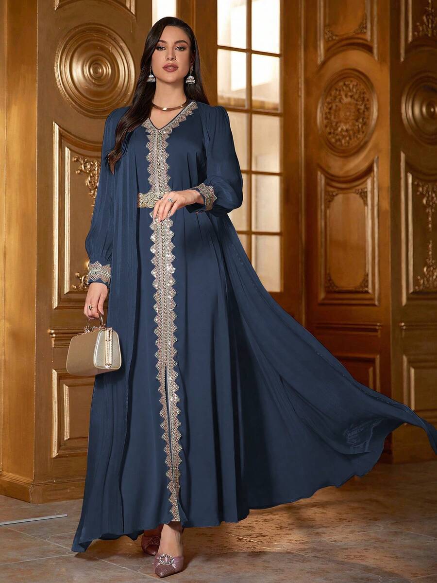 女士优雅丝带拼布灯笼袖连衣裙，春夏季朴素长袖卡夫坦阿拉伯连衣裙 - 藍色 - 查看 1