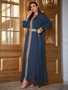 女士优雅丝带拼布灯笼袖连衣裙，春夏季朴素长袖卡夫坦阿拉伯连衣裙 - 藍色 - 查看 3