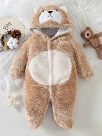 Baby Boy Cute Bear Embroidered Hooded Patchwork Furry Romper