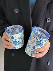 1pc Watercolor Flower Insulated Stainless Steel Cup, Double Walled Vacuum Bottle For Cold And Hot Drinks, Travel Mug For Outdoor And Gym Activities, Coffee Mug, Car Cup, Festival Gift, 350ml/11.8oz, 280ml/9.47oz