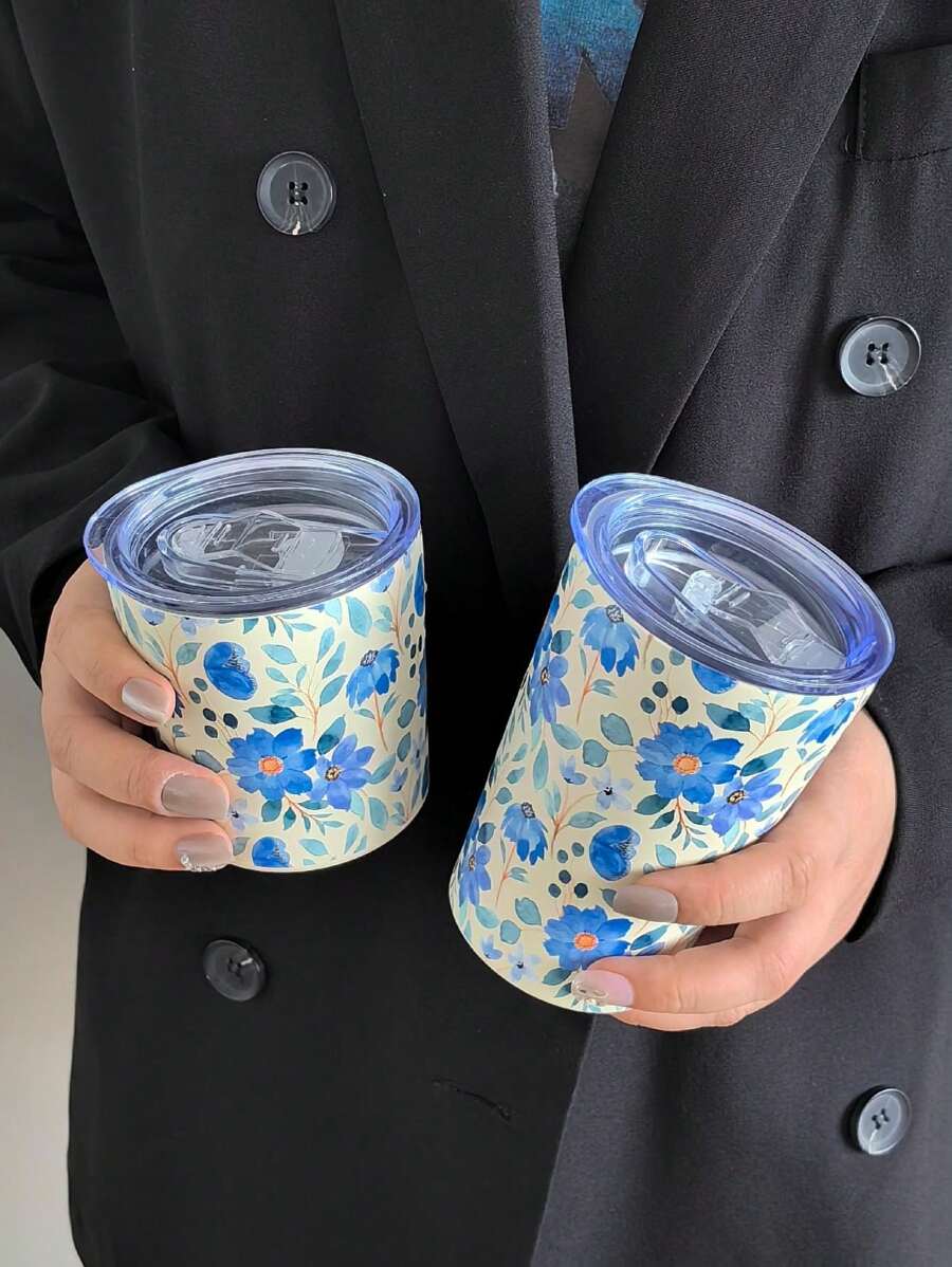 1pc Watercolor Flower Insulated Stainless Steel Cup, Double Walled Vacuum Bottle For Cold And Hot Drinks, Travel Mug For Outdoor And Gym Activities, Coffee Mug, Car Cup, Festival Gift, 350ml/11.8oz, 280ml/9.47oz