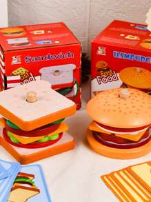1入組木質卡通漢堡三明治兒童玩具，模擬食物廚房玩具，扮演小廚師必備用品，有助於兒童對食物的認知發展，適合3歲以上男女孩子使用，聖誕禮物/萬聖節禮物/生日禮物 - 漢堡 - 查看 2