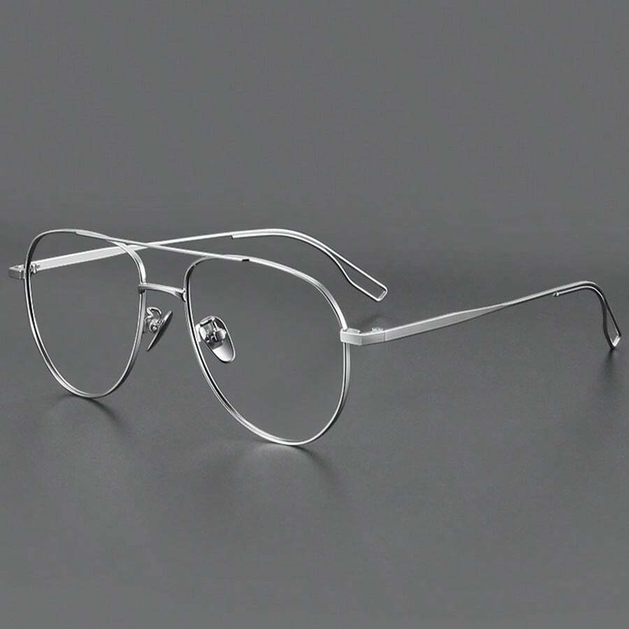 超轻钛金属眼镜框，适合大脸男士复古无度数眼镜框，复古双梁大镜框，使脸看起来更小，纯钛 - 銀色 - 查看 1