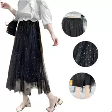 Medio cuerpo falda femenina 2024 primavera y verano nueva arena falda estrella lentejuelas falda de malla falda de hadas en la sección larga una - Negro - Ver 1