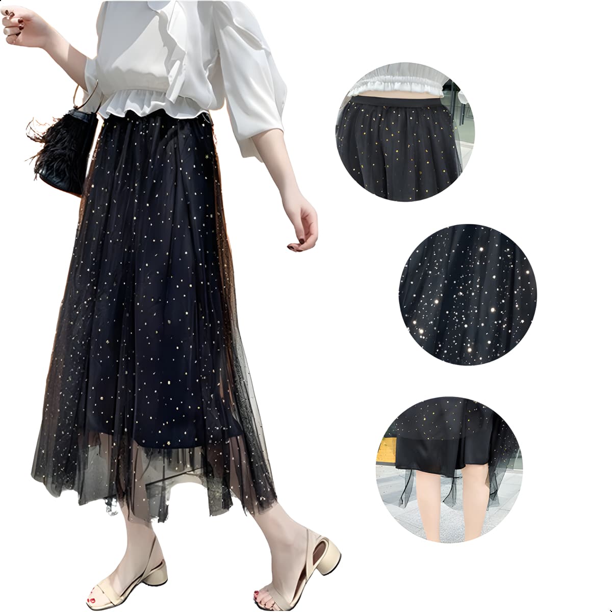 Medio cuerpo falda femenina 2024 primavera y verano nueva arena falda estrella lentejuelas falda de malla falda de hadas en la sección larga una - Negro - Ver 1