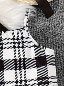 2pcs Girls' Fashion Casual Minimalist Outfit Set, Vintage Plaid Suspender Dress & Solid Color Crew Neck Short Knit Cardigan, Comfortable Soft Spring Autumn Clothing For Teens And Tweens - Black - View 5