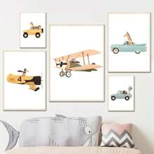 1 pezzo/3 pezzi cartellone d'arte da parete, Pittura su tela moderna con animali, aerei, auto, arte per la camera dei bambini, stile nordico, cartellone e stampe per decorazione da parete, con cornice/senza cornice - Multicolore - Visualizzare 2
