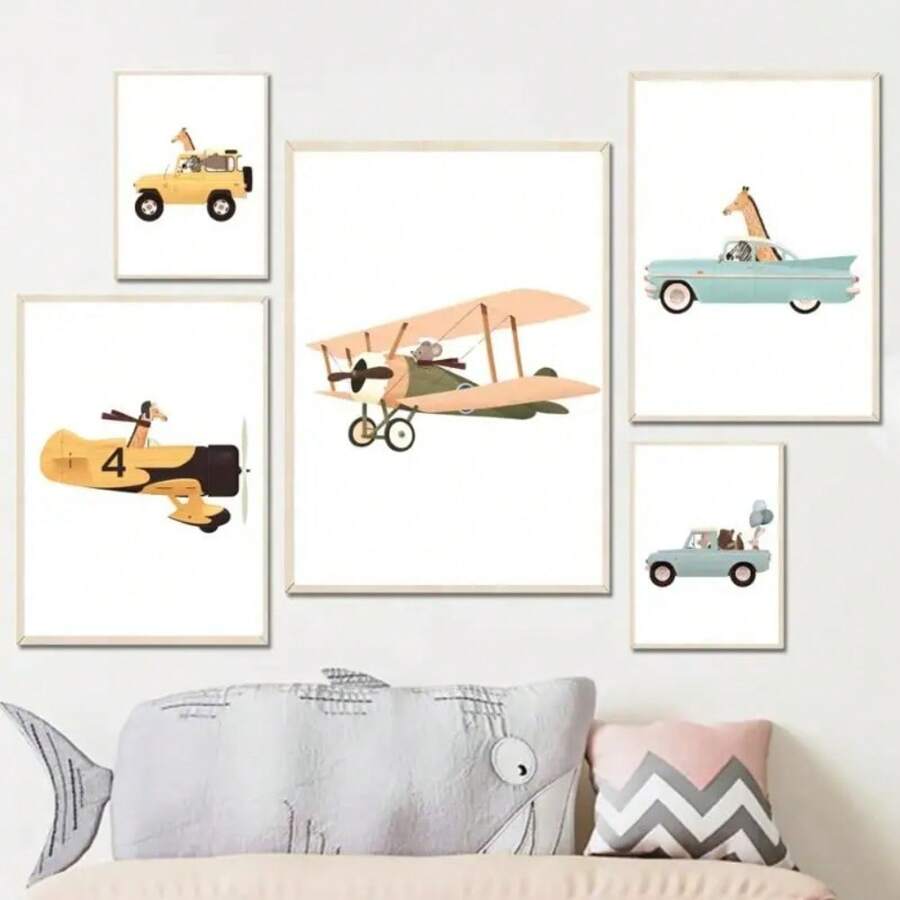 1 pezzo/3 pezzi cartellone d'arte da parete, Pittura su tela moderna con animali, aerei, auto, arte per la camera dei bambini, stile nordico, cartellone e stampe per decorazione da parete, con cornice/senza cornice