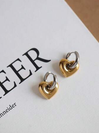 Classic Retro Detachable Heart Earrings For Women, Stainless Steel Non-Fading Fashionable & Simple Heart-Shaped Pendant, Color-Block Ear Clips Jewelry Valentines,Mom,Mother,Mother's Day,Gift