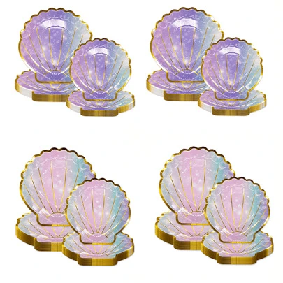 10 piezas/20 piezas/50 piezas Platos de papel color rosa y morado con forma de concha y sirena iridiscente de 7 pulgadas y 9 pulgadas. Platos desechables con holograma para fiestas de sirena, cumpleaños, baby shower y bodas, para fiestas de Halloween o Navidad.