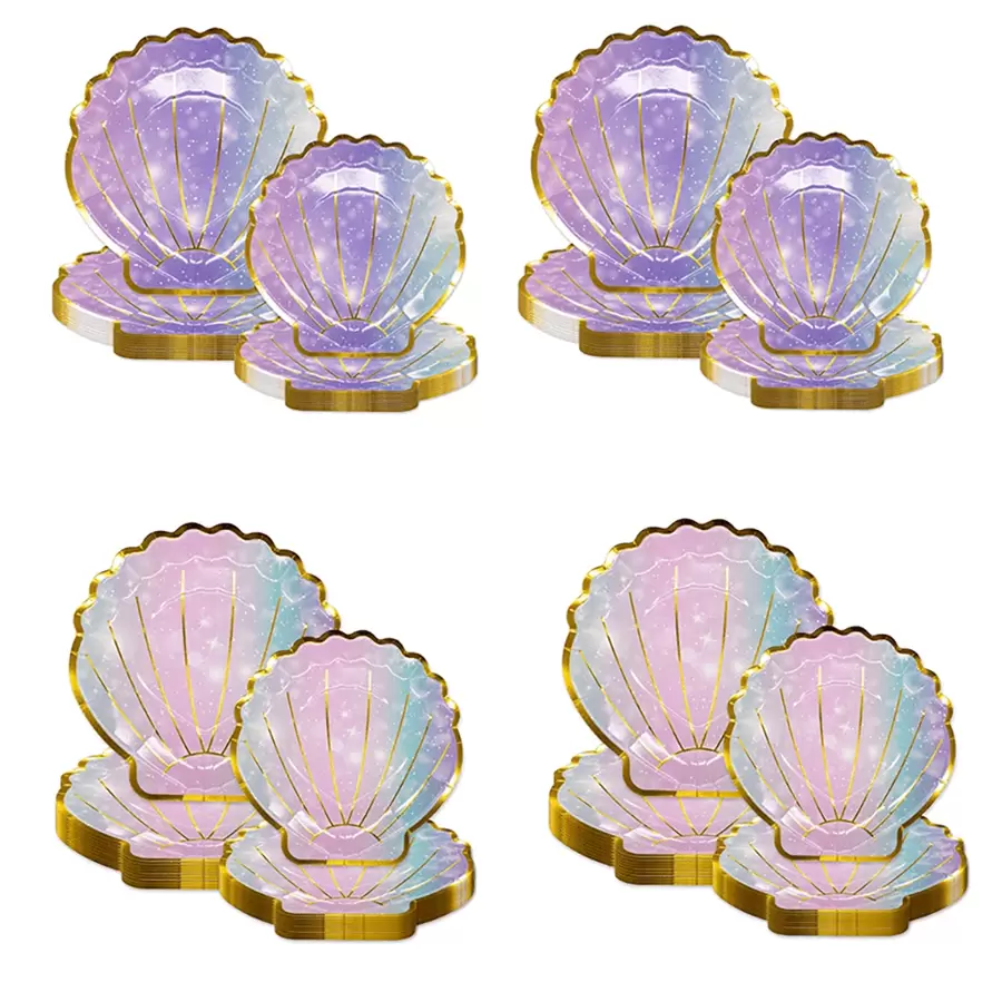 10pcs/20pcs/50pcs Pink And Purple 7inch 9inch Mermaid Plates Seashell Paper Plates Sea Iridescent Mermaid Party Shaped Plates Disposable Holographic Foil Cake Party Supplies For Mermaid Party Birthday Shower Wedding , For Halloween Or Christmas Party - Multicolor - View 1