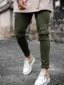 Men's Fashionable Slim-Fit Stretchy Capri-Length Jeans, American Style Casual Wear - Army Green - View 4